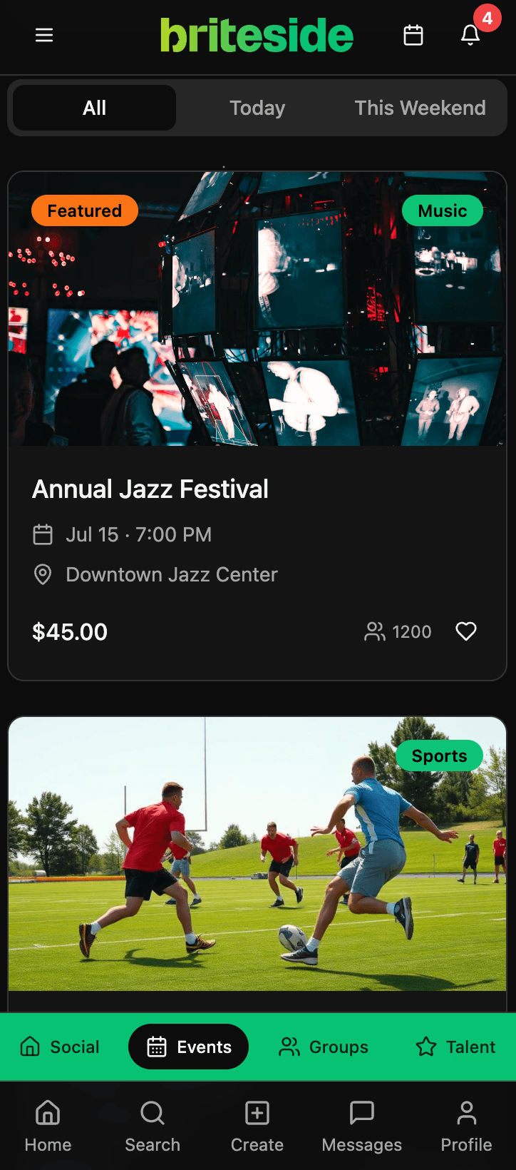 Briteside Events screen showing featured events and categories