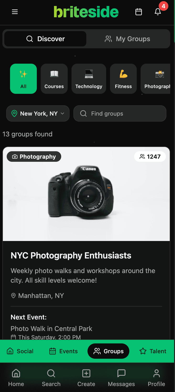 Briteside Groups screen showing community groups
