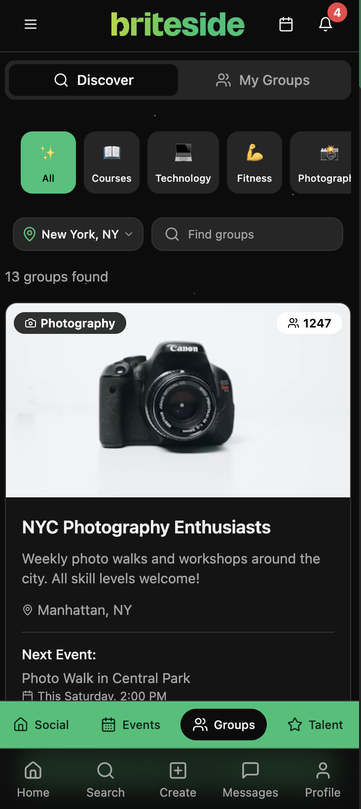 Briteside Groups screen showing community groups